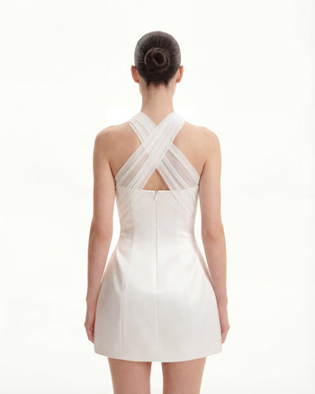 緞面薄紗交叉掛頸短款連衣裙 - 白色