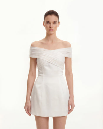 緞面薄紗交叉掛頸短款連衣裙 - 白色