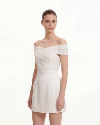 緞面薄紗交叉掛頸短款連衣裙 - 白色