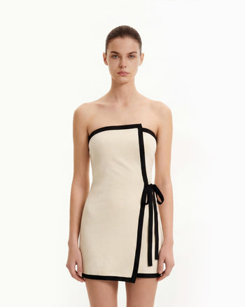 撞色飾邊裹身迷你連身裙 - 米白色