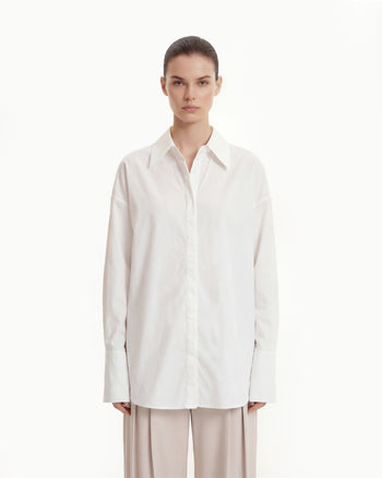 府綢隱藏式門襟寬鬆恤衫 - 白色