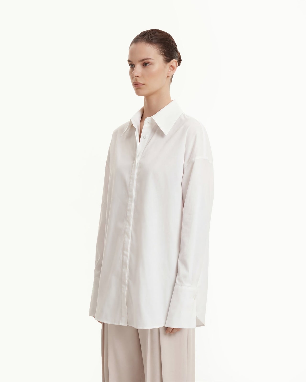 府綢隱藏式門襟寬鬆恤衫 - 白色