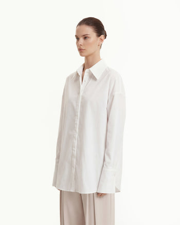 府綢隱藏式門襟寬鬆恤衫 - 白色