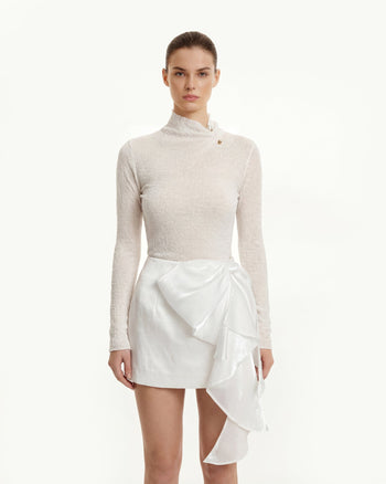 紋理高領針織上衣飾金屬鈕扣 - 白色