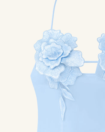 花卉刺繡迷你連身裙 - 藍色
