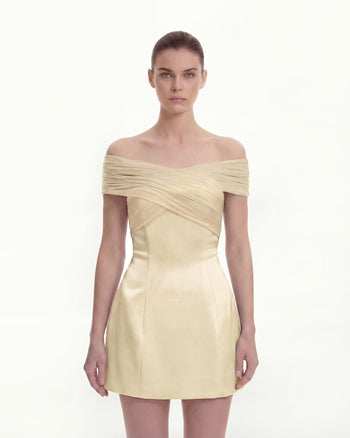 緞面薄紗交叉掛頸迷你連身裙 - 黃色