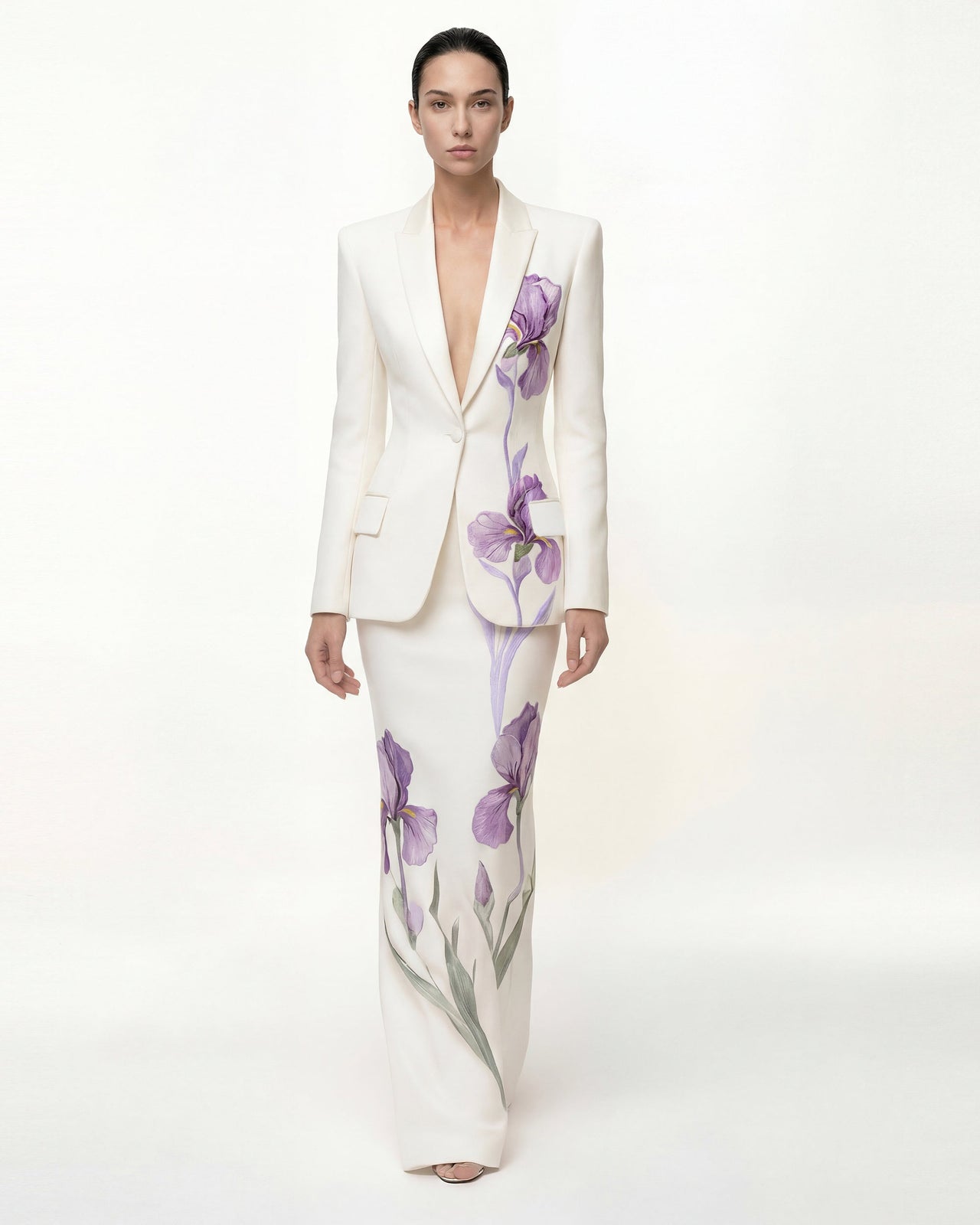 Iris 圖案半身落地長裙 - 白色