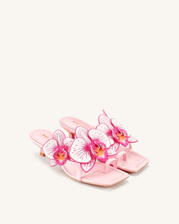 Serena 蘭花刺繡夾趾高跟涼鞋 - 淺粉紅色
