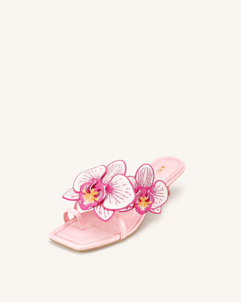 Serena 蘭花刺繡夾趾高跟涼鞋 - 淺粉紅色
