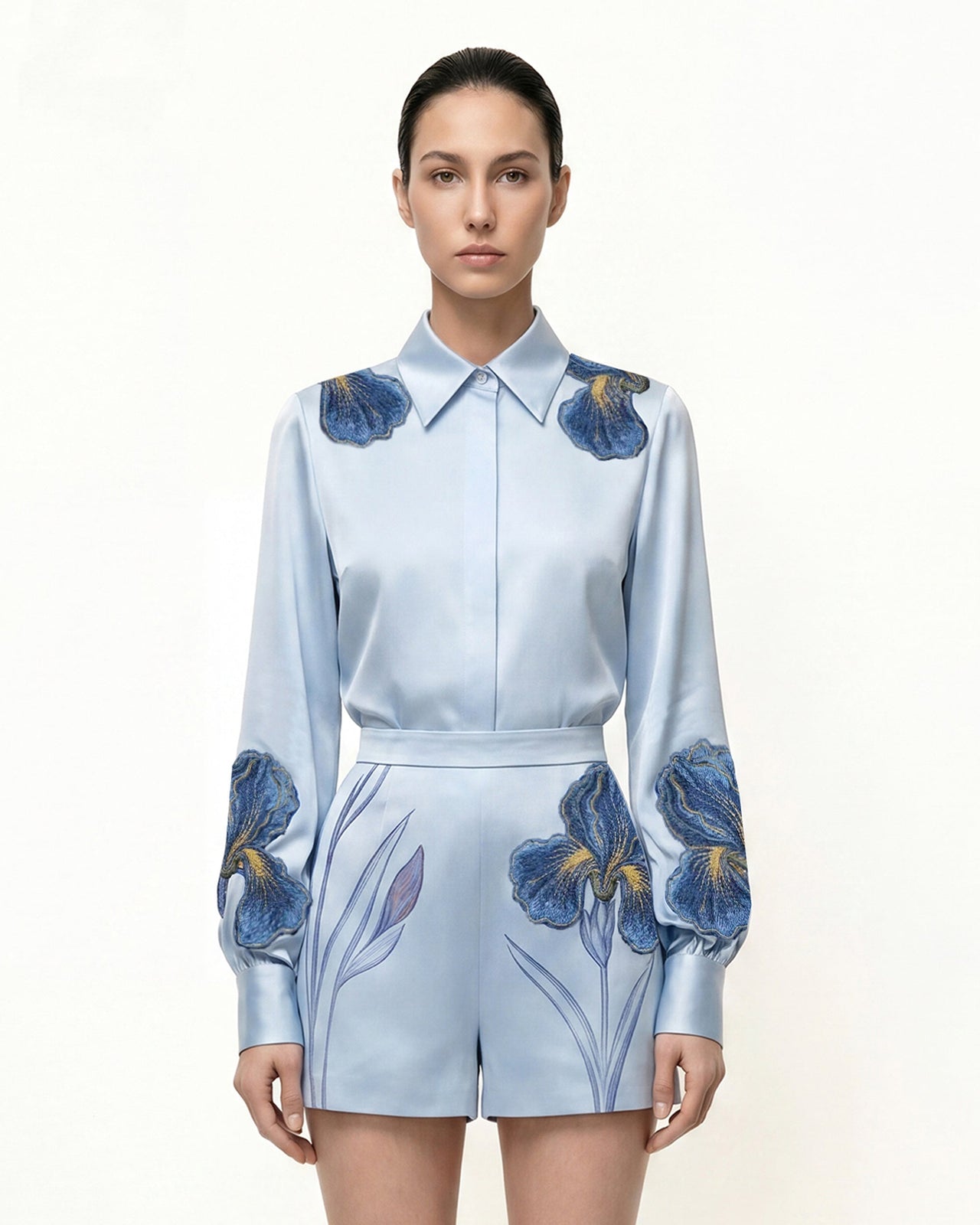 Iris 刺繡領恤長袖恤衫 - 淺藍色