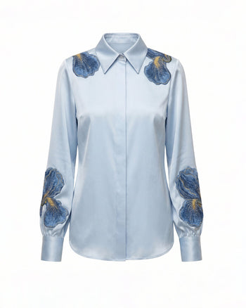 Iris 刺繡領恤長袖恤衫 - 淺藍色