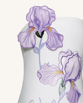 Iris 花卉印花無肩帶A字形長款連身裙 – 白色