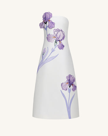 Iris 花卉印花無肩帶A字形長款連身裙 – 白色