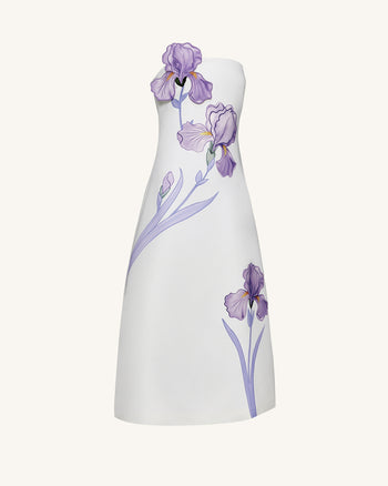 Iris 花卉印花無肩帶A字形長款連身裙 – 白色