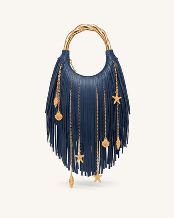Chloe 金屬手柄流蘇頂部手提包 - 寶藍色
