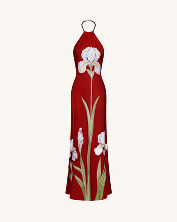 鳶尾花印花掛頸長裙 - 紅寶石色