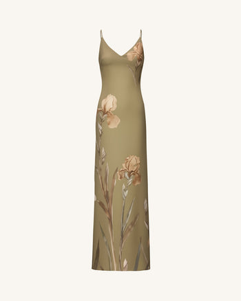 Iris 圖案緞面吊帶禮服裙 - 橄欖綠色