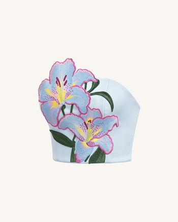 百合花刺繡平口馬甲上衣 - 淺藍色