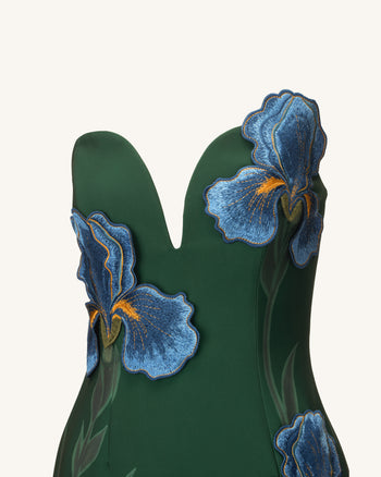 Iris 刺繡缺口領無肩帶長連身裙 - 祖母綠色