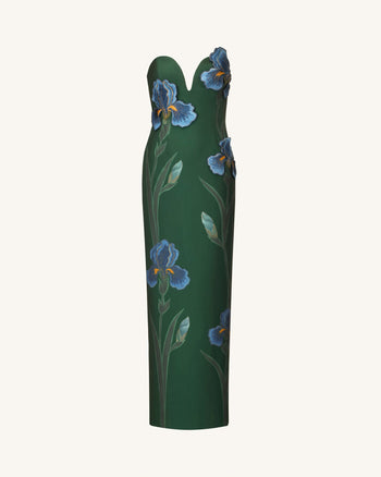 Iris 刺繡缺口領無肩帶長連身裙 - 祖母綠色