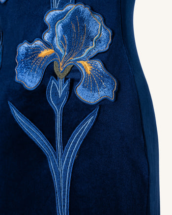 鳶尾花刺繡絲絨單肩長裙 - 海軍藍
