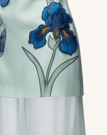 Iris 刺繡無肩帶薄紗疊層長連衣裙 - 鼠尾草綠色