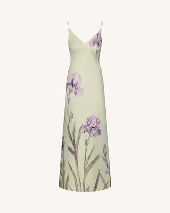 Iris 圖案緞面吊帶禮服裙 - 淺綠色/紫色