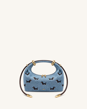 Ellie 刺繡金屬環裝飾手提包 - 復古藍色牛仔布