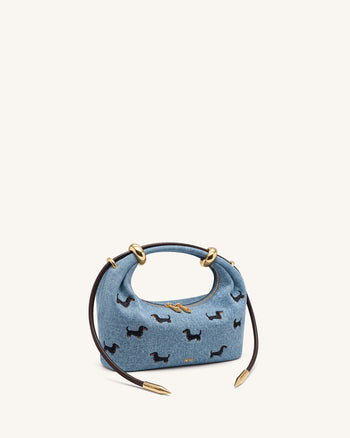 Ellie 刺繡金屬環裝飾手提包 - 復古藍色牛仔布