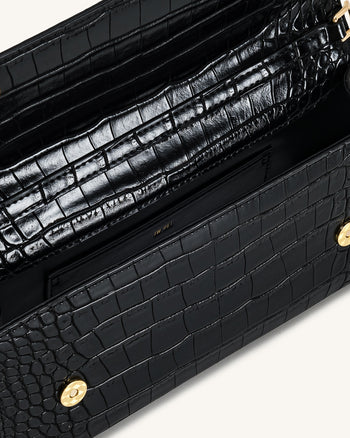 Maya 豹形金屬手柄手挽袋 - 黑色鱷魚紋