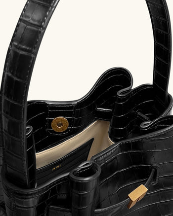 Clara 鎖扣水桶肩袋 - 黑色鱷魚紋