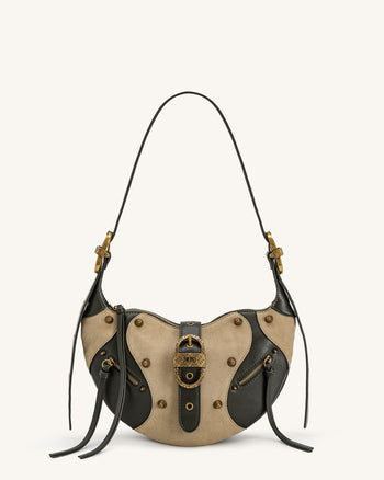 Tessa 仿麂皮鉚釘肩背袋 - 卡其綠色