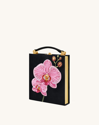 Taya 蘭花圖案書本造型手拿包 - 黑色