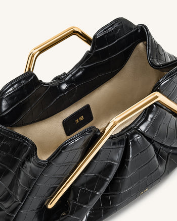 Lila 仿鱷魚紋金屬框手拿包 - 黑色