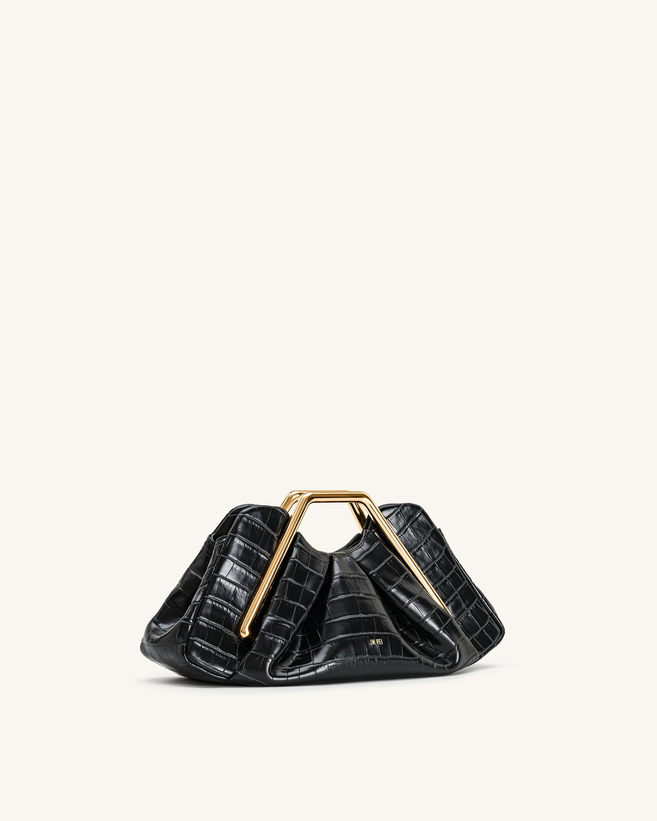 Lila 仿鱷魚紋金屬框手拿包 - 黑色
