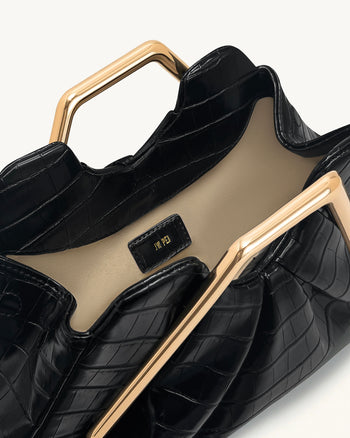 Lila 仿鱷魚紋金屬框手拿包 - 黑色