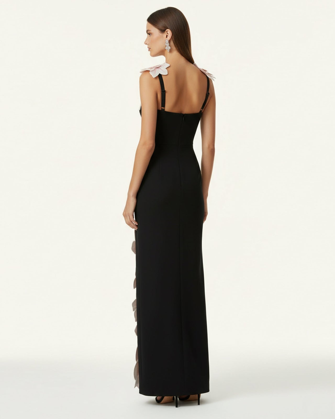 花朵刺繡連身裙 - 黑色/粉紅色