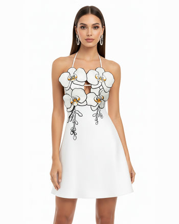 蘭花刺繡掛頸迷你連衣裙 - 白色