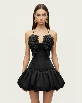 立體花卉掛頸迷你連身裙 - 黑色