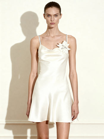 水晶花卉吊帶裙－白色