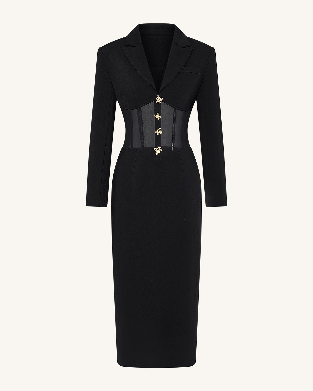 透視束骨馬甲腰西裝式長裙 - 黑色