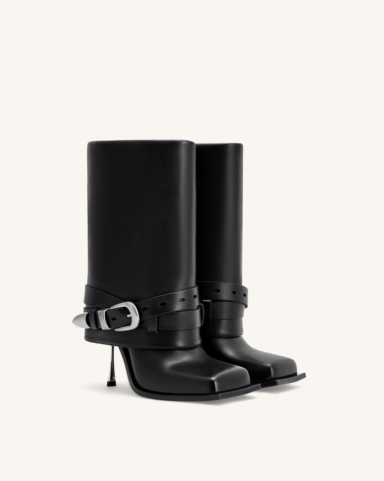 Emilia 西部風扣帶皮革細高跟靴 - 黑色