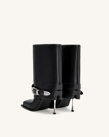 Emilia 西部風扣帶皮革細高跟靴 - 黑色