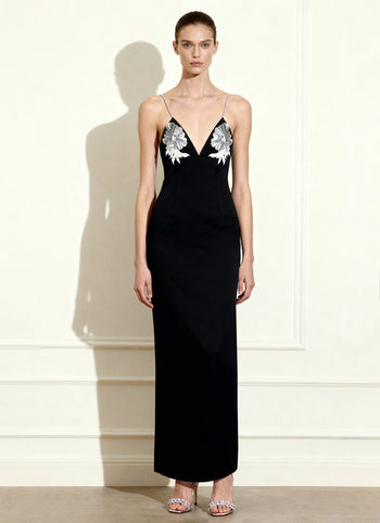 Ayliua 甜心領口鑲鑽黑色長裙 - 黑色