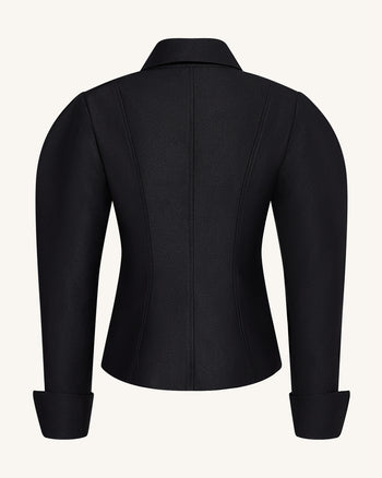 扇形前襟羊腿袖西裝外套 - 黑色