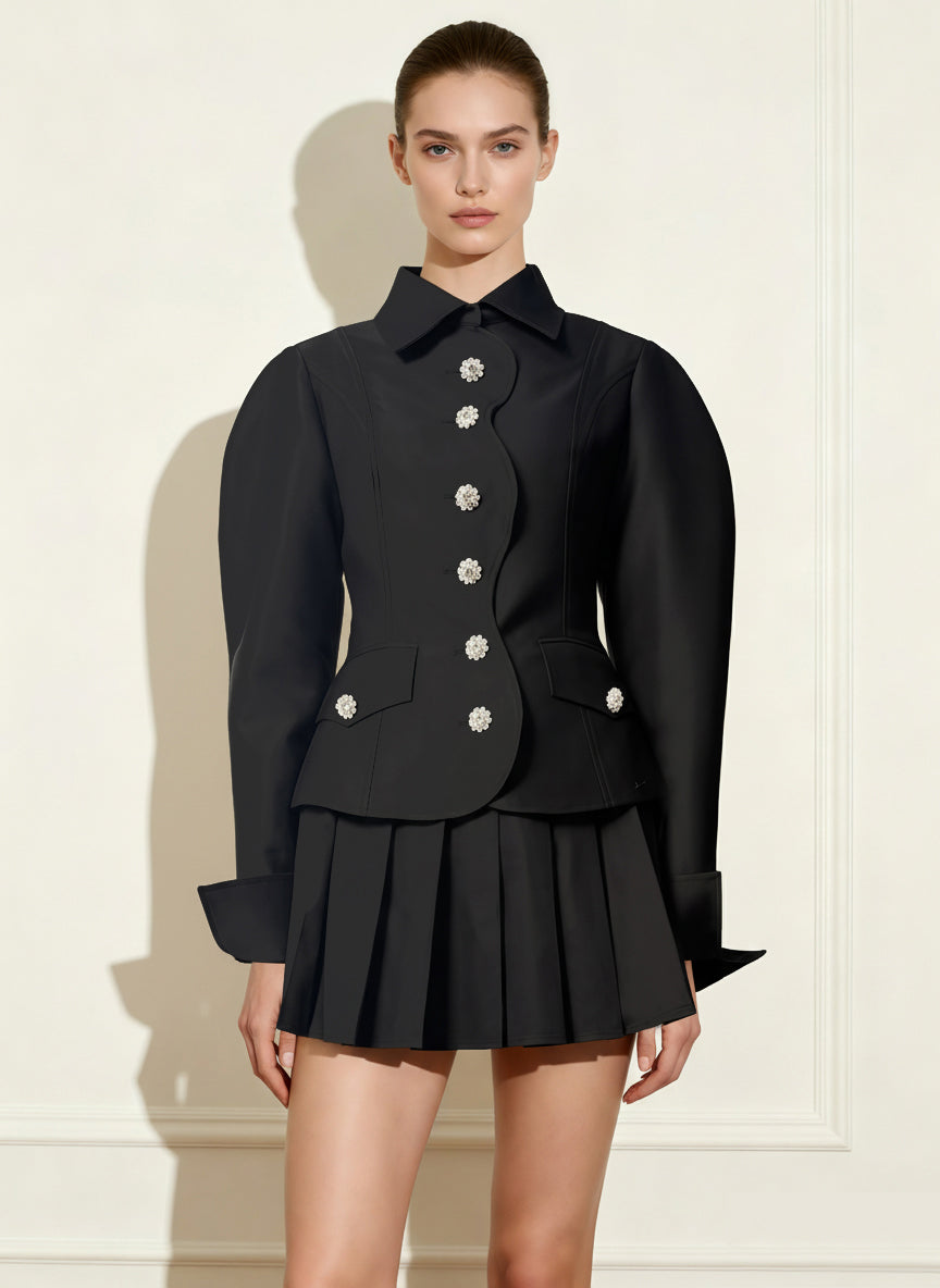 扇形前襟羊腿袖西裝外套 - 黑色