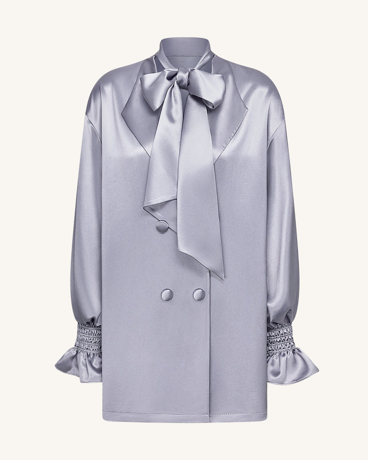 絲帶綁帶泡泡袖長版西裝外套 – 銀色
