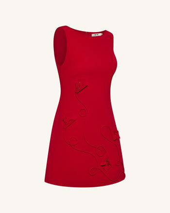 3D 花卉貼花緊身迷你連衣裙 - 紅色