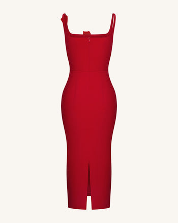 3D 花卉貼花方領緊身中長連衣裙 - 紅色