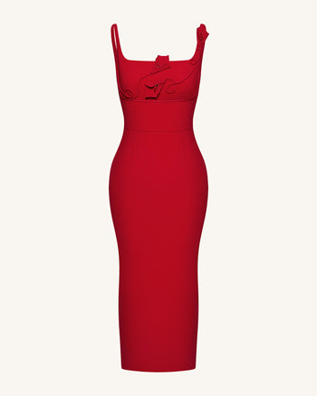 3D 花卉貼花方領緊身中長連衣裙 - 紅色